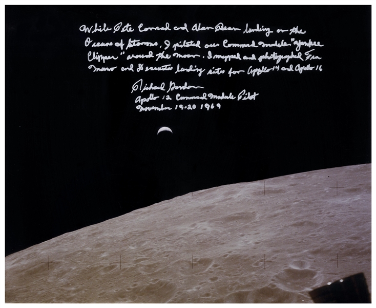 Dick Gordon Signed 20'' x 16'' ''Earthrise'' Photo -- Gordon Additionally Writes About the Apollo 12 Mission: ''...I piloted our Command Module 'Yankee Clipper' around the moon...''